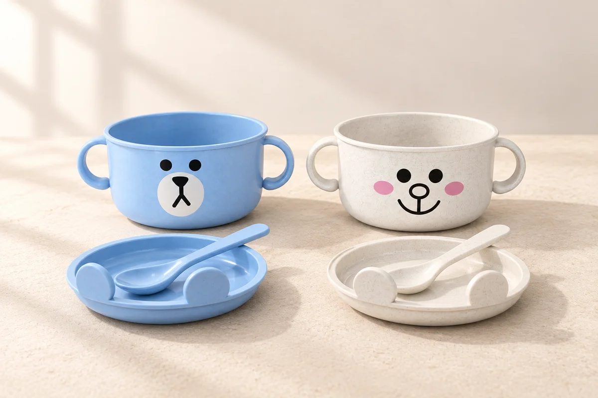 Blue and White SnugglyBites bowls with matching lids and spoons