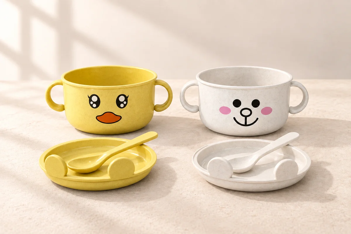 Yellow and White SnugglyBites bowls with matching lids and spoons